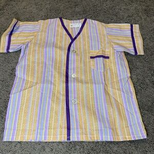 Vintage shirt striped Short Sleeve Button Up Blouse scrub top SL 2